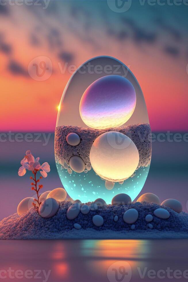 glass ball sitting on top of a sandy beach. . photo