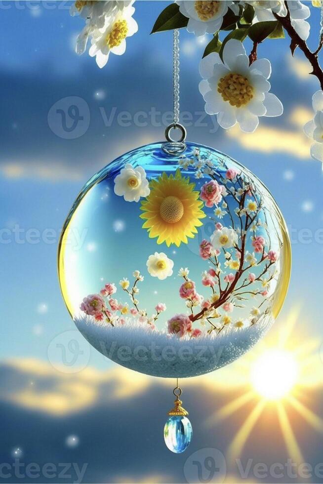 glass ornament hanging from a tree. . photo