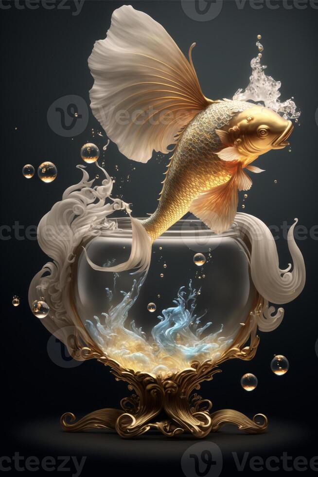 pez de colores saltando fuera de un pescado bol. generativo ai. foto