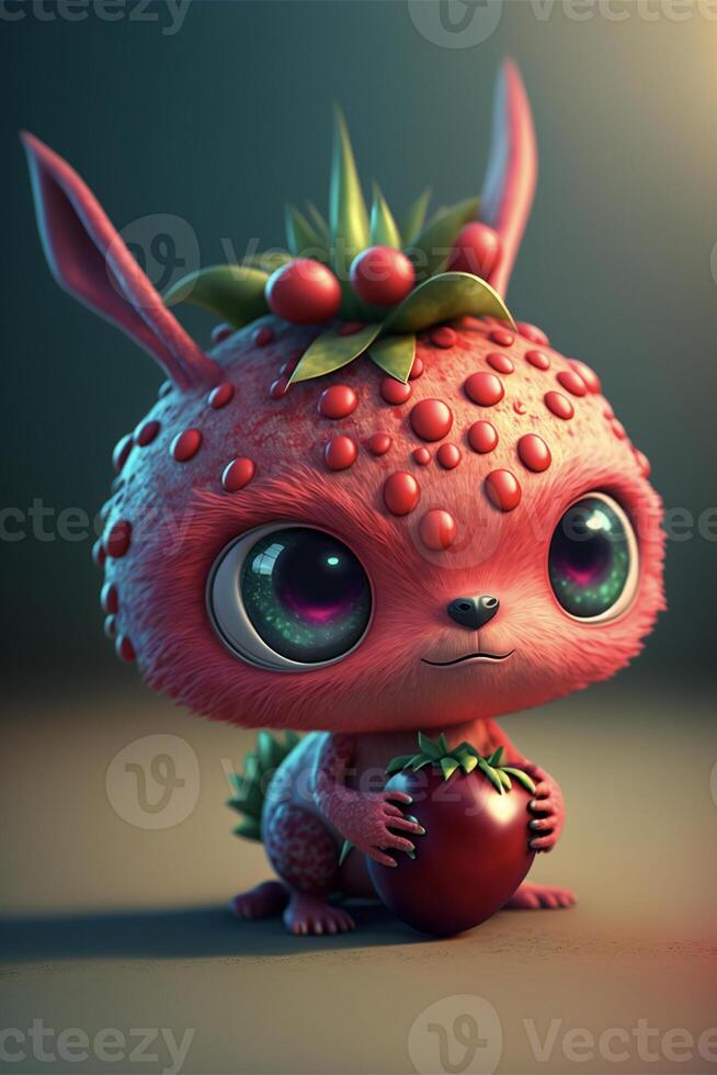 close up of a small animal with a strawberry on its head. . photo