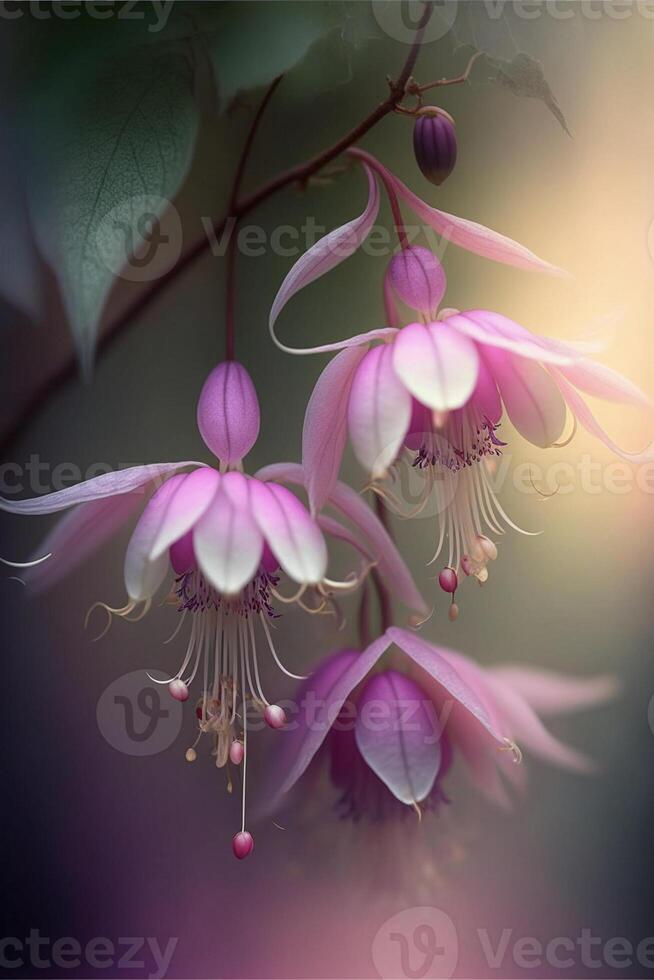 close up of some pink flowers on a branch. . photo