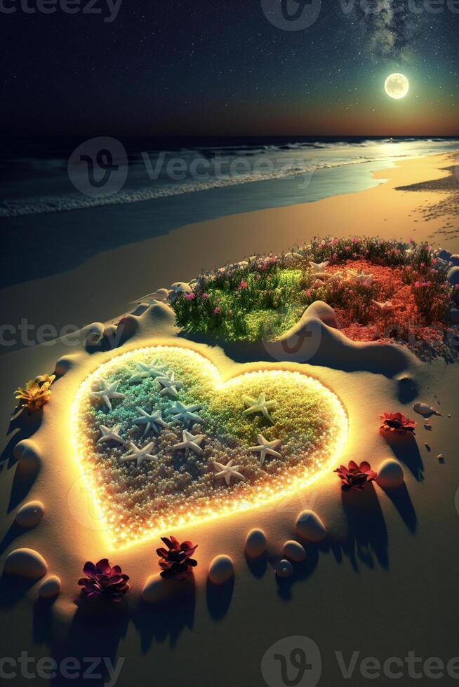 Pareja de corazones sentado en parte superior de un arenoso playa. generativo ai. foto