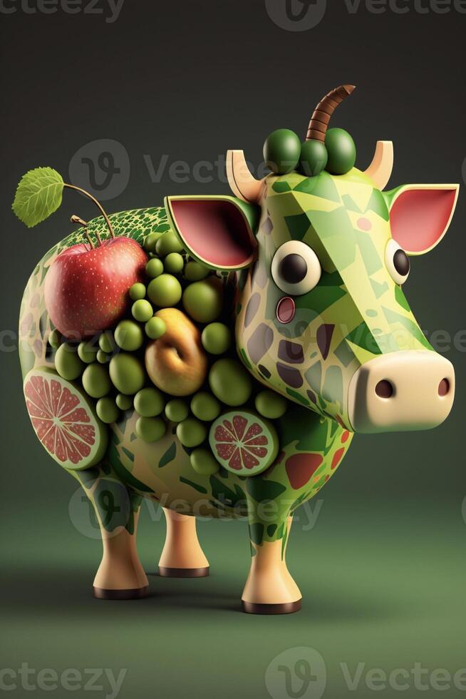 cerca arriba de un figurilla de un vaca con Fruta en él. generativo ai. foto