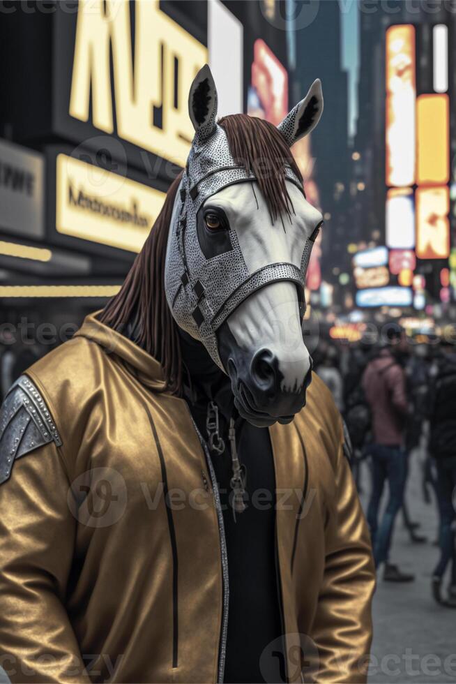 close up of a person wearing a horse mask. . photo