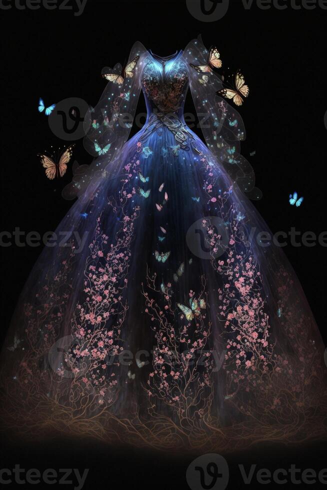 blue dress with butterflies flying around it. . photo