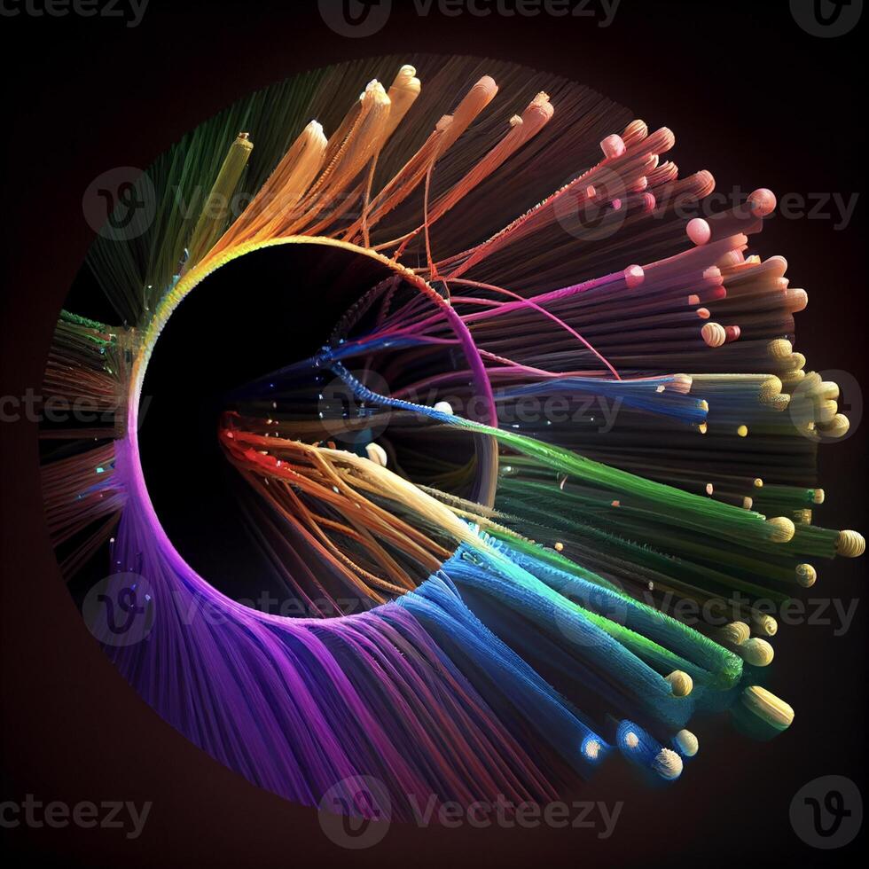 circle of multicolored fibers on a black background. . photo