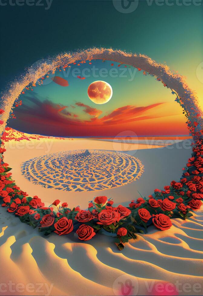 circle of red roses sitting on top of a sandy beach. . photo