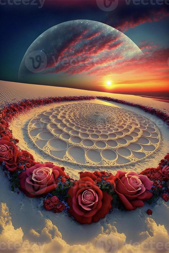 circle of roses with a sunset in the background. . photo