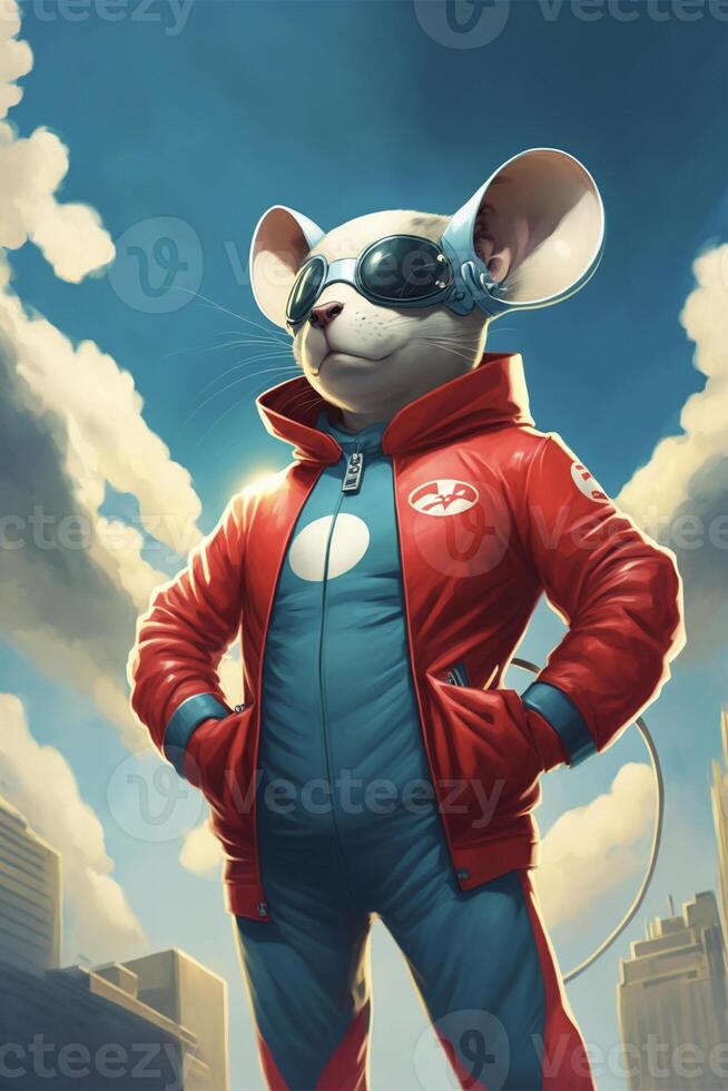 cartoon mouse standing in front of a city. . photo