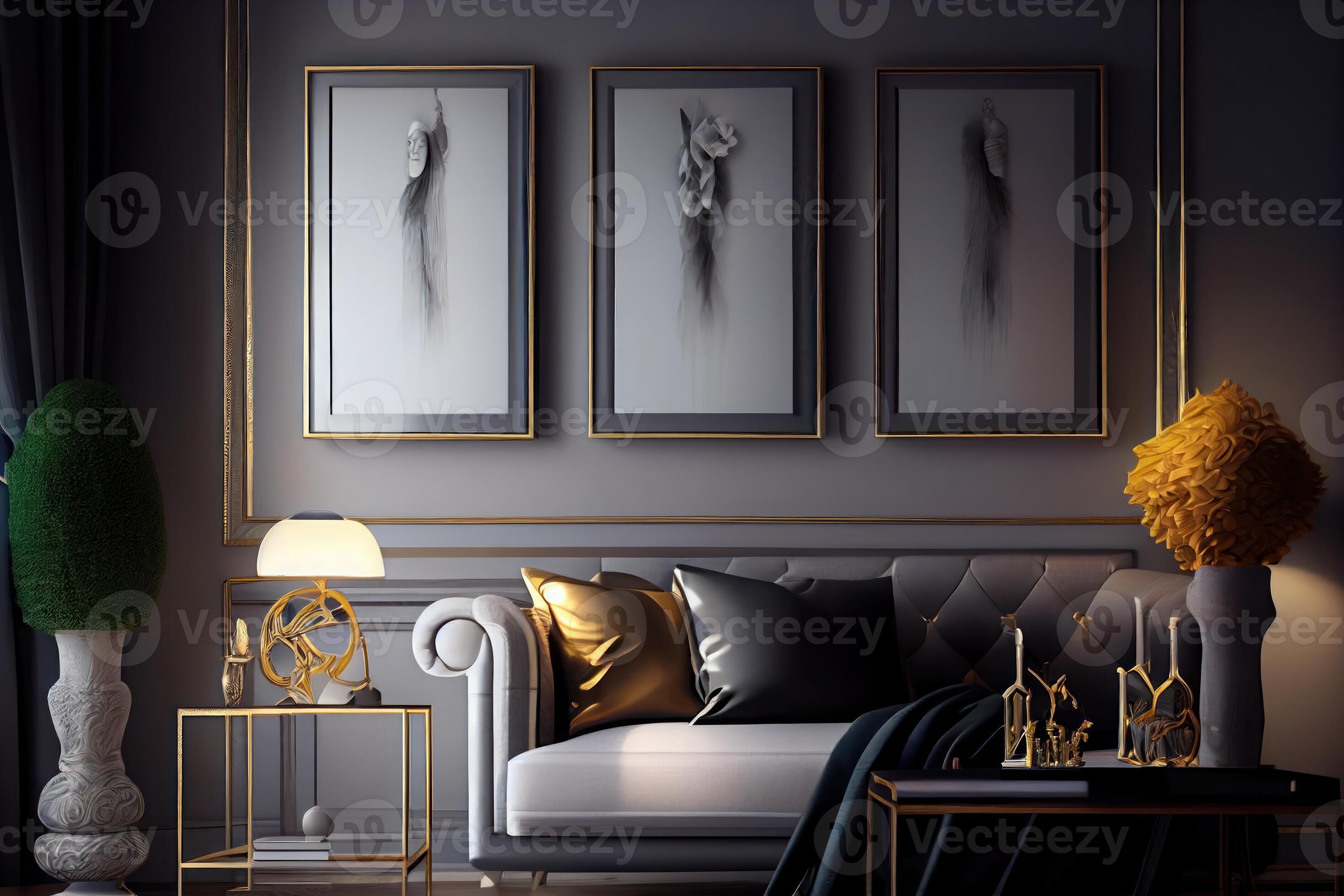 interior dersign, 3 picture frames on the wall, luxury furniture modern
