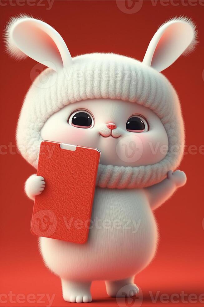 cartoon bunny holding a red piece of paper. . photo