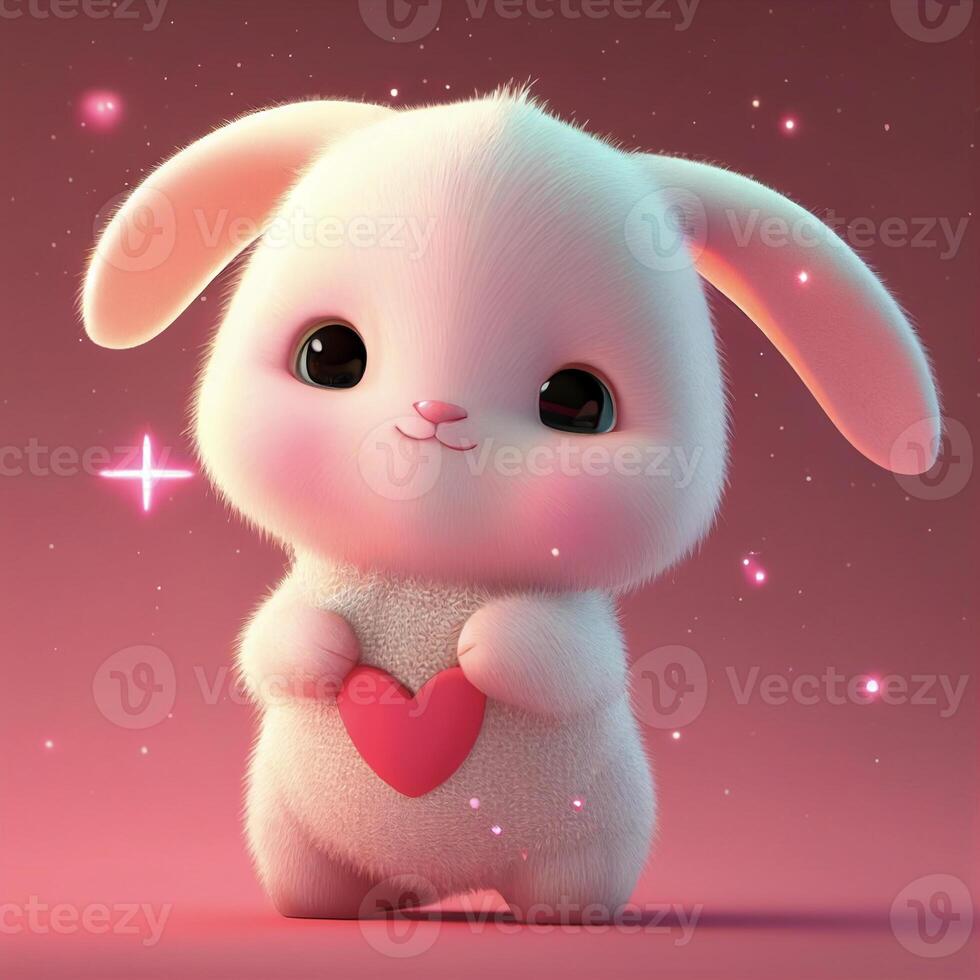 cartoon bunny holding a heart on a pink background. . photo