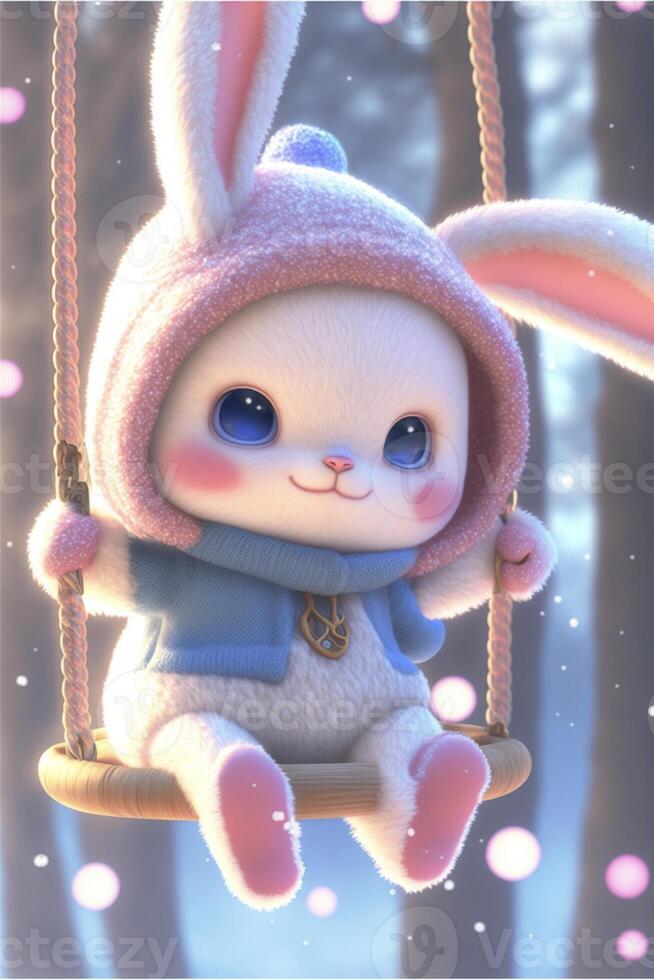 cartoon bunny is sitting on a swing. . photo