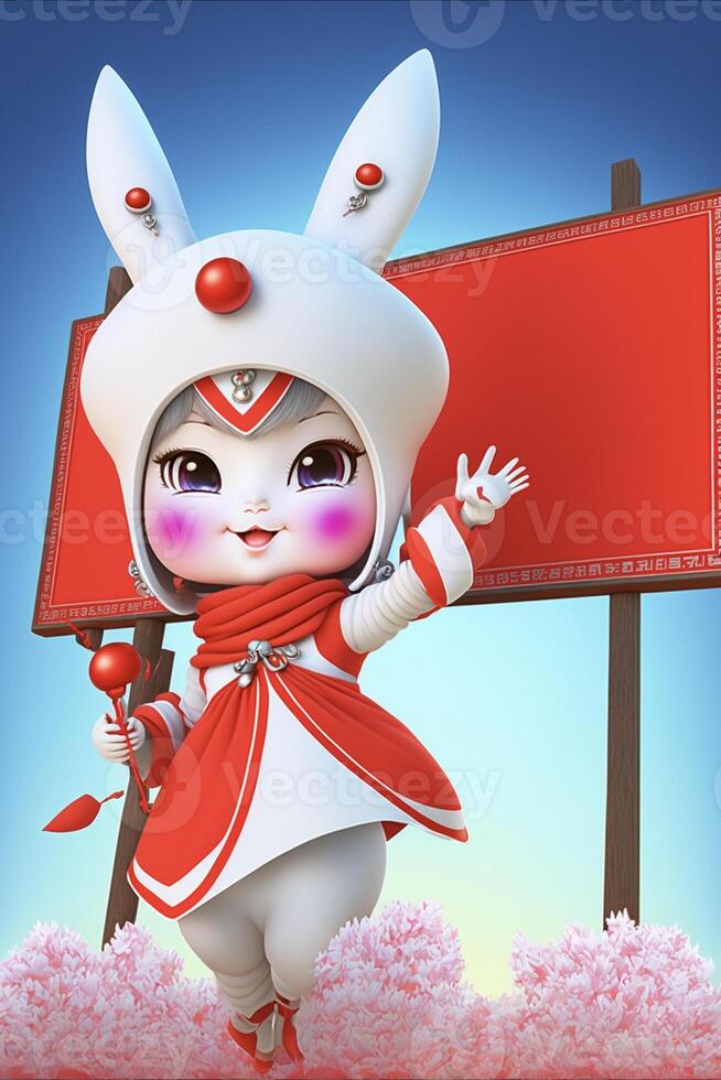 cartoon bunny standing next to a red sign. . photo