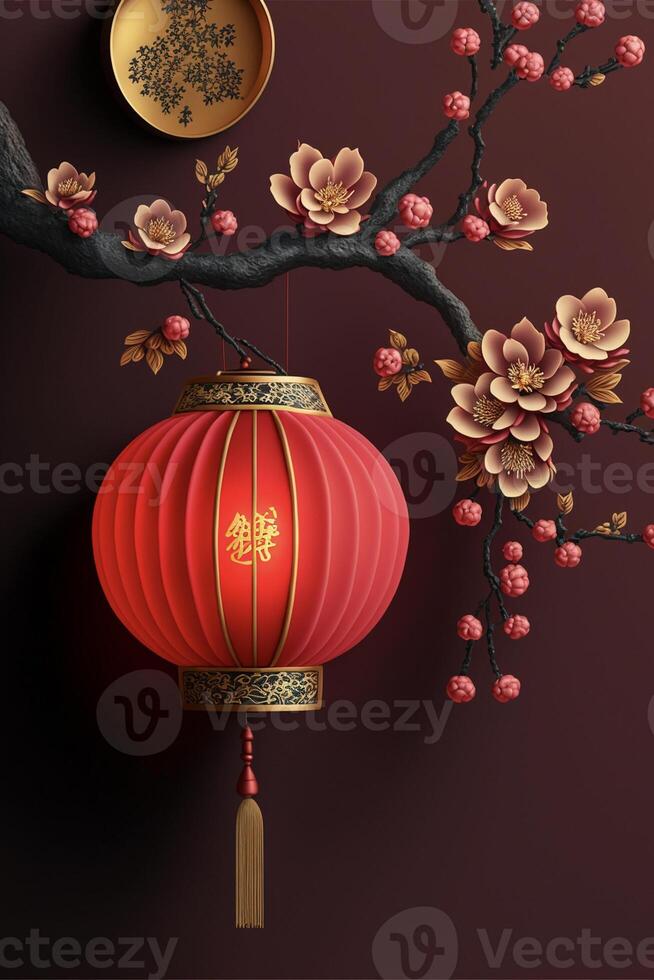 red lantern hanging from a tree branch. . photo