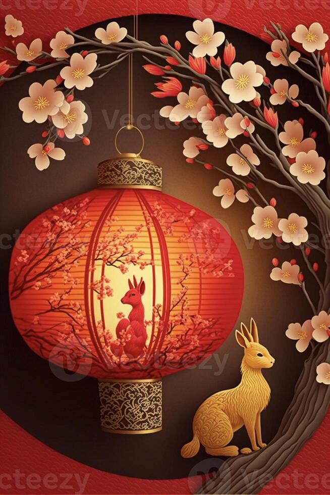 red lantern sitting on top of a tree next to a rabbit. . photo