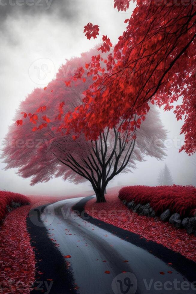 red tree sitting on the side of a road. . photo