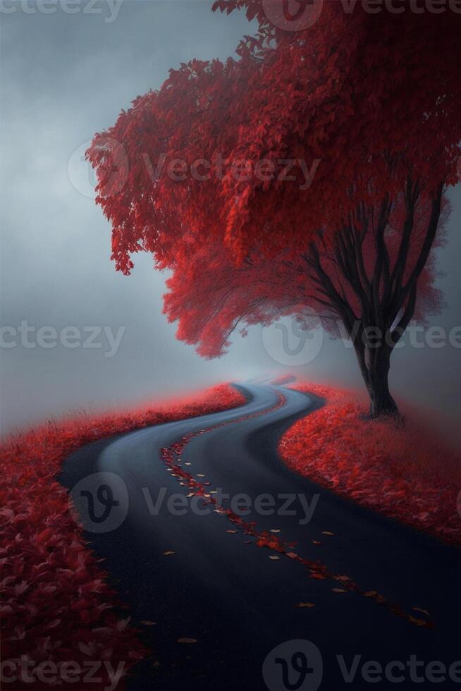 red tree sitting on the side of a road. . photo