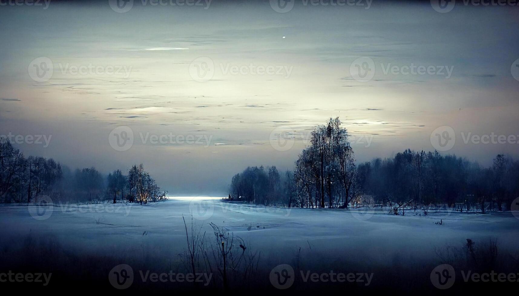 snow covered field with trees in the distance. . photo