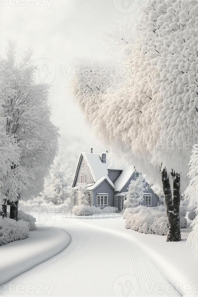 snow covered road in front of a house. . photo