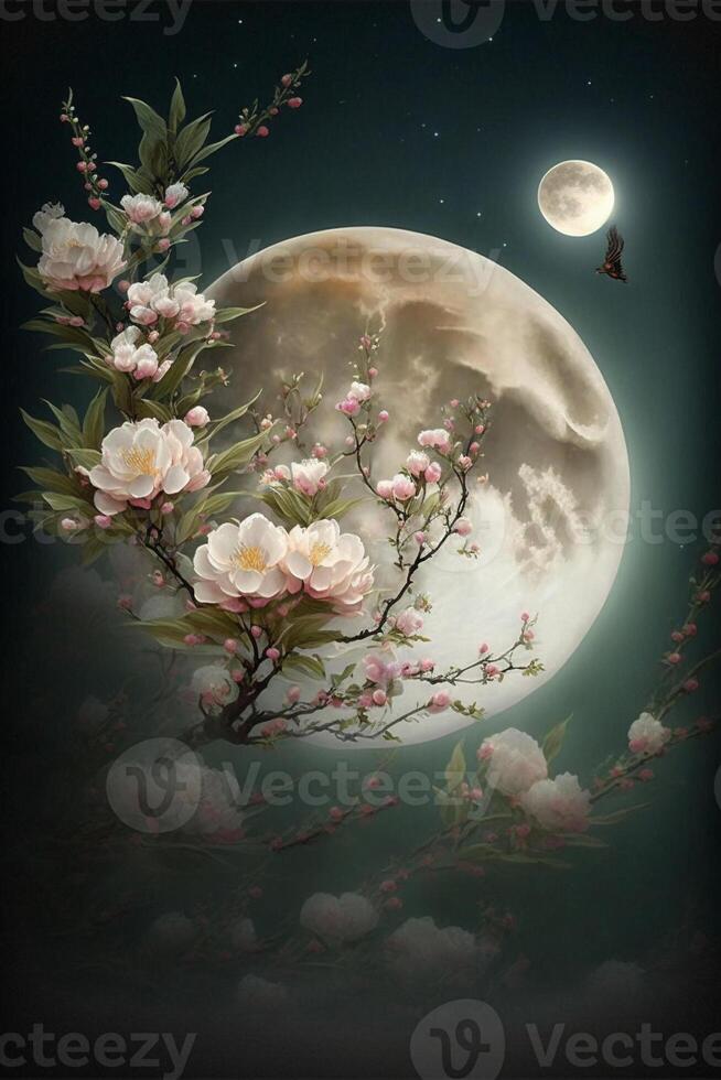 painting of a full moon with flowers in the foreground. . photo