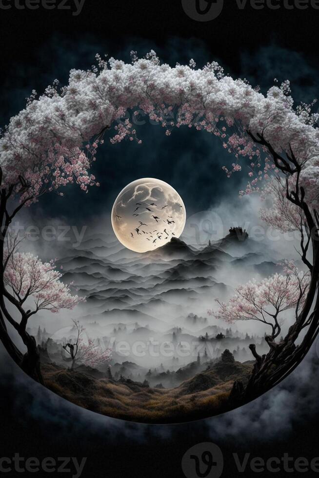 painting of a full moon with trees in the foreground. . photo