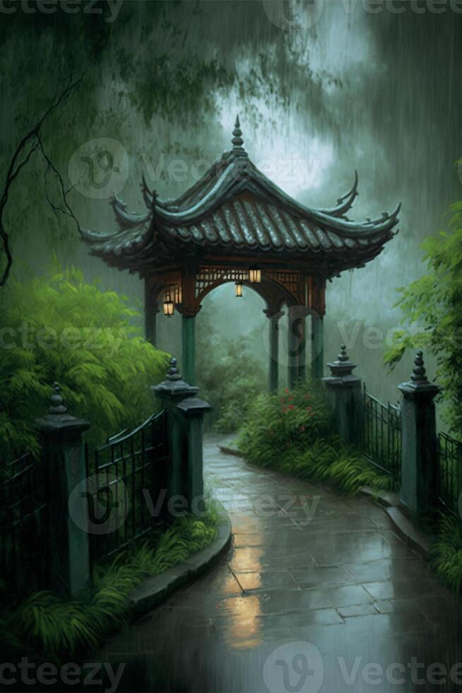 painting of a pagoda in the rain. . photo