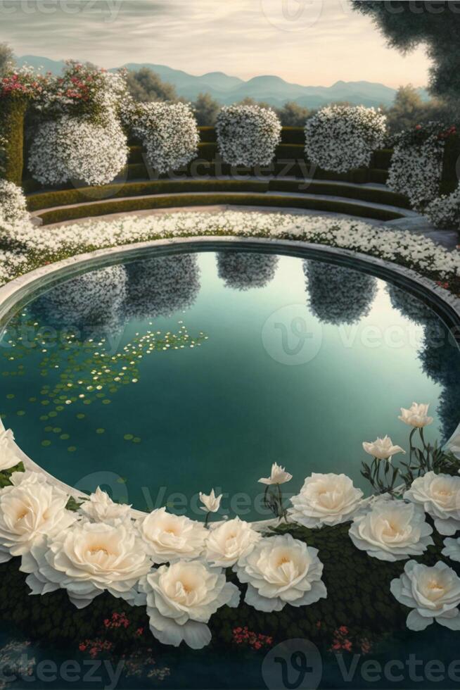 painting of a pool surrounded by white flowers. . photo