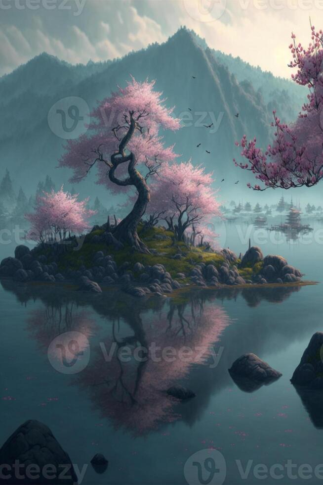 painting of a tree in the middle of a lake. . photo