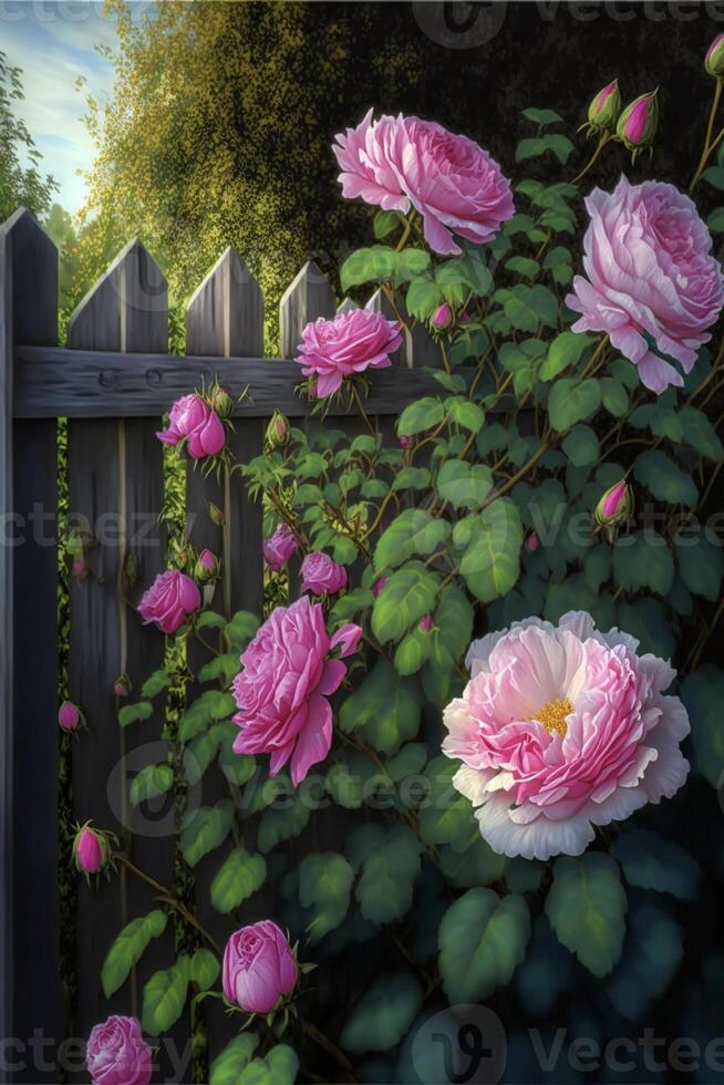 painting of pink roses growing next to a wooden fence. . photo