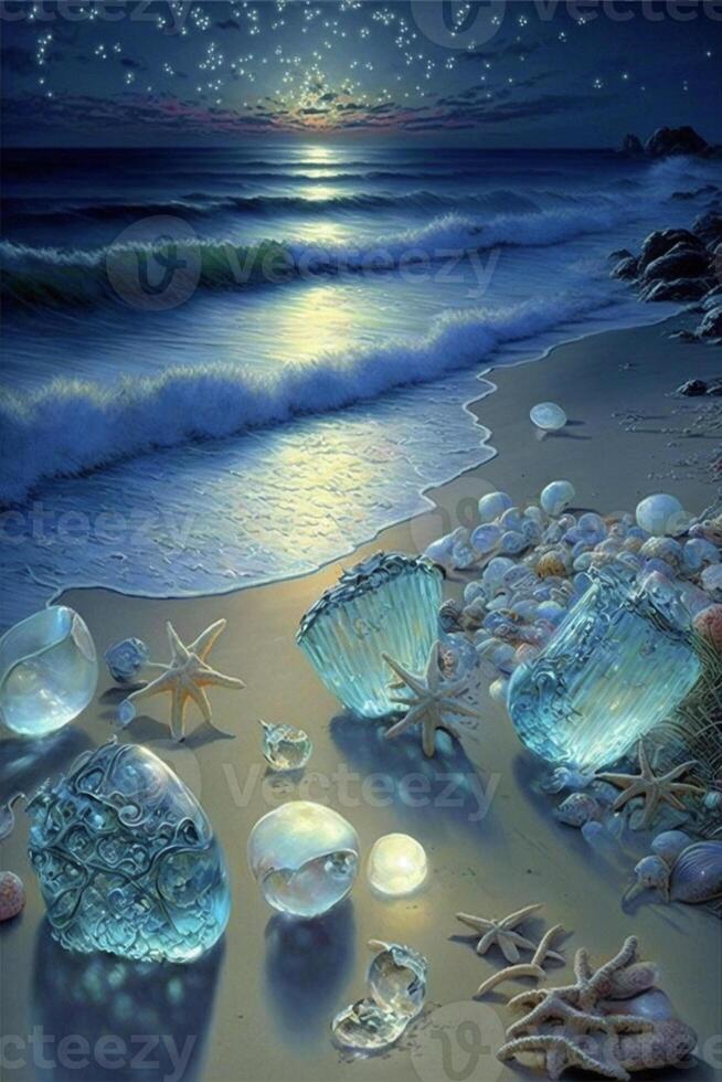 painting of shells and starfishs on a beach. . photo