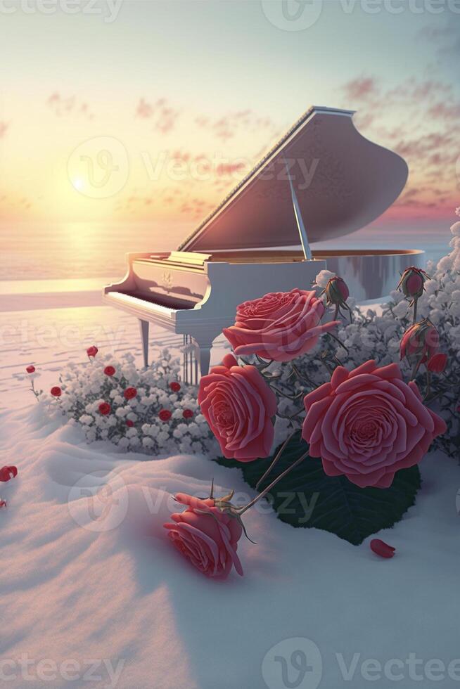 piano sitting on top of a snow covered ground. . photo