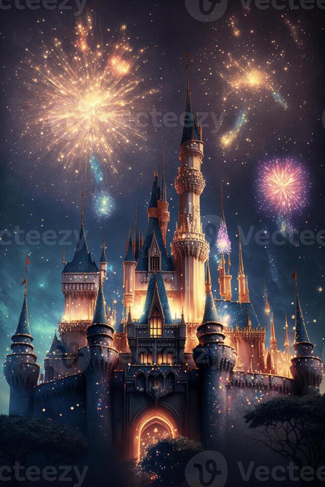 picture of a castle with fireworks in the sky. . photo