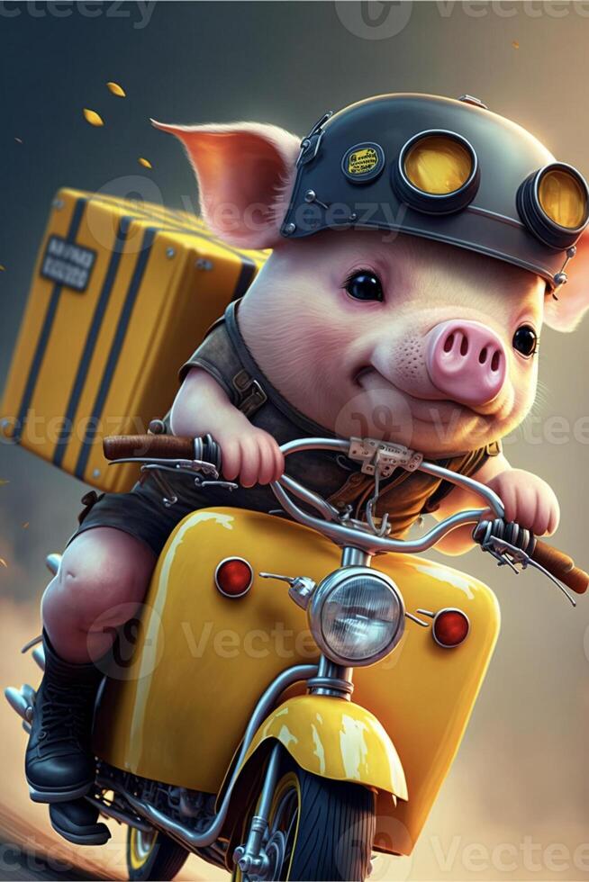 pig riding on the back of a yellow motorcycle. . photo