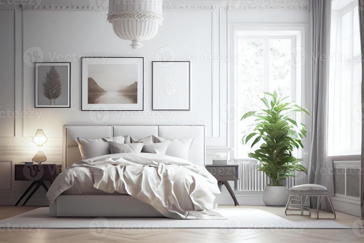 Beautiful, elegant Scandinavian design bedroom in white, with lots of natural light. Take a wide angle shot. Picture framed on the wall warm neutral tone furniture . photo