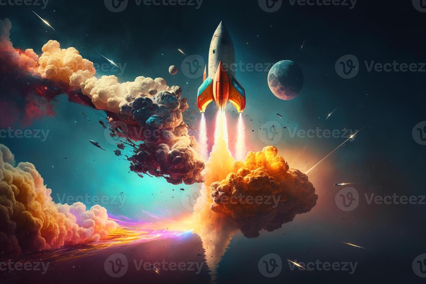 a rocket blasting off into space with vivid colors and details of its thrusters and flames. photo