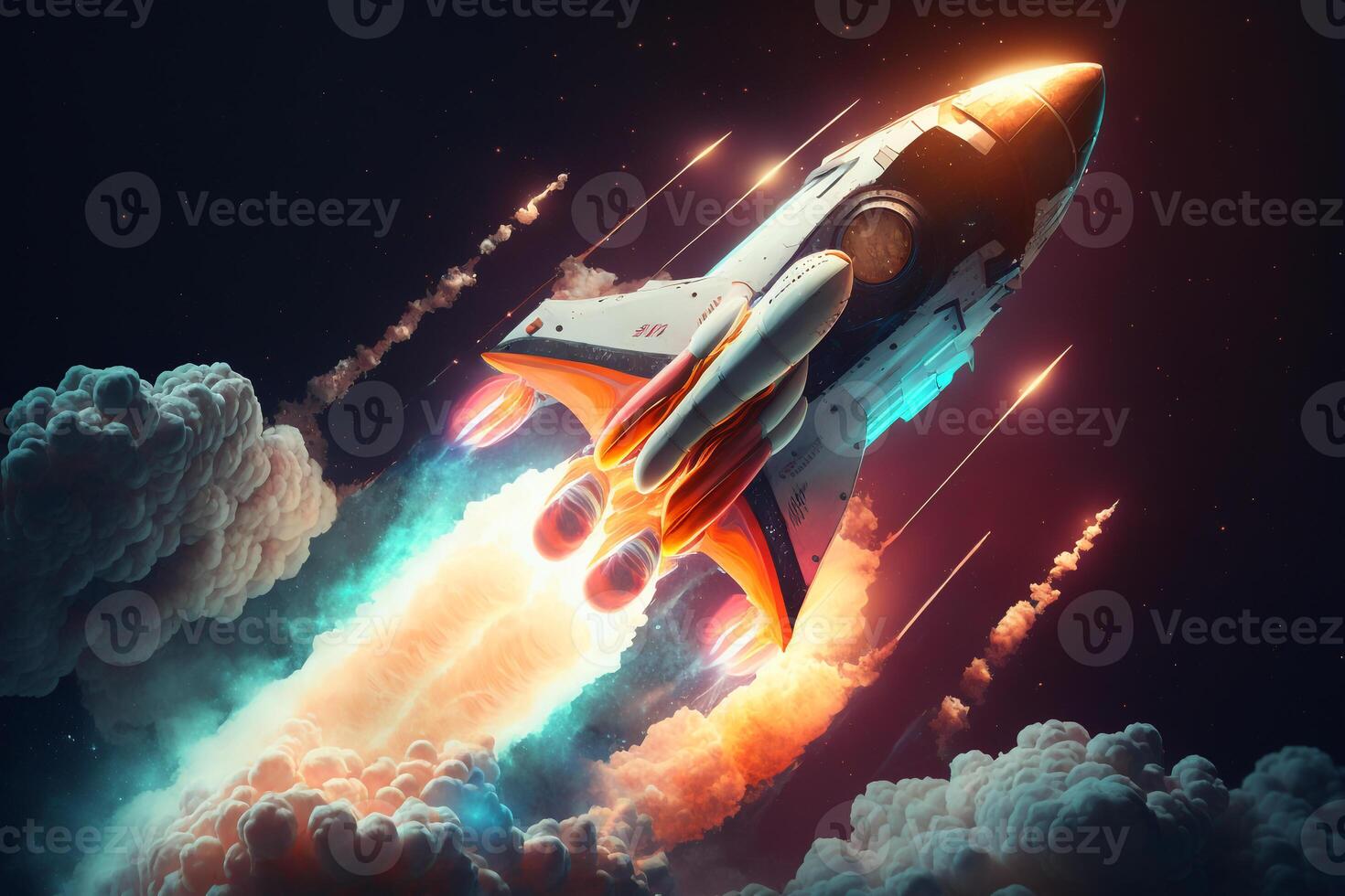 a rocket blasting off into space with vivid colors and details of its thrusters and flames. photo