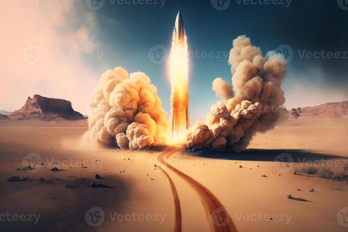 a rocket launching from a desert landscape, with a trail of dust and smoke left in its wake. photo