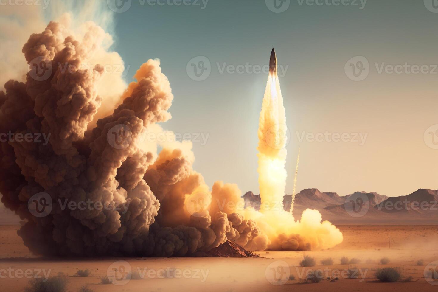 a rocket launching from a desert landscape, with a trail of dust and smoke left in its wake. photo