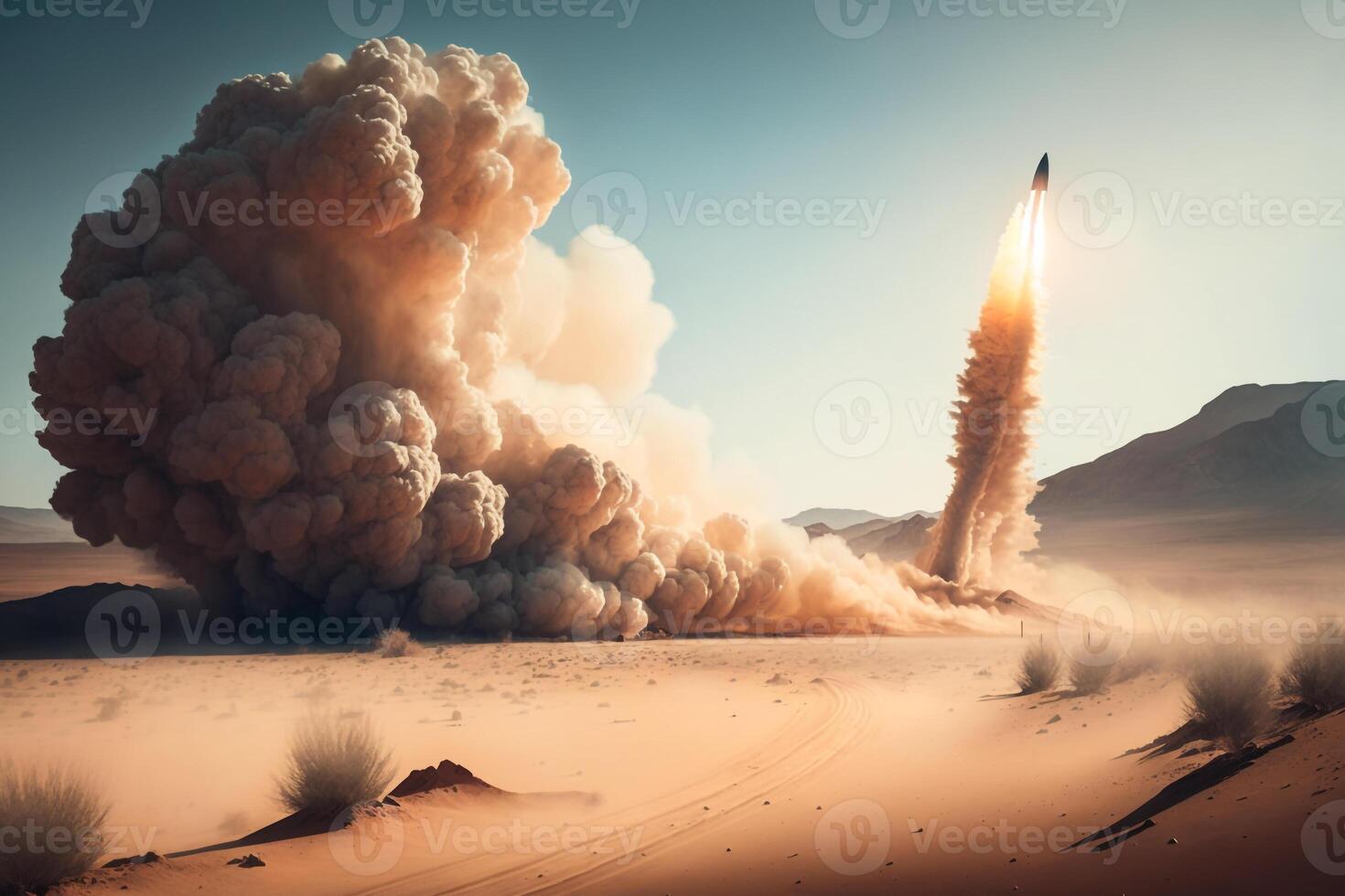 a rocket launching from a desert landscape, with a trail of dust and smoke left in its wake. photo