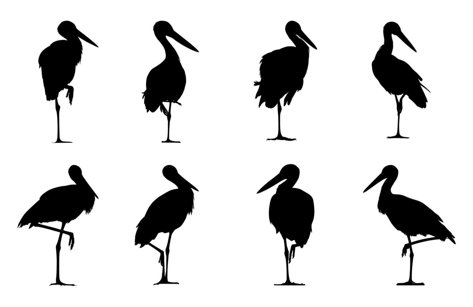 set of silhouettes of storks standing on one leg on isolated background vector