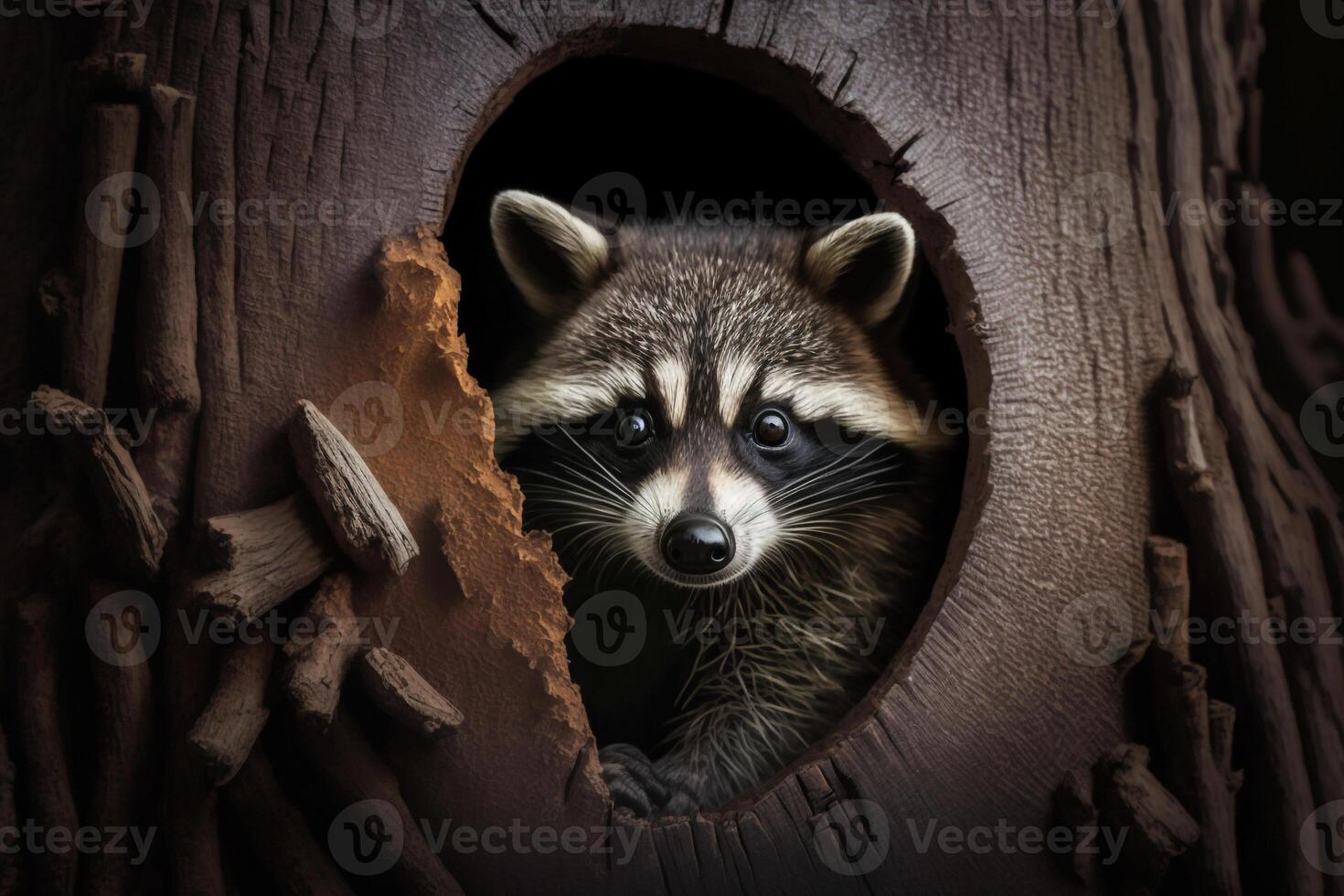a curious raccoon peeking out of a tree hollow, with its masked face looking out. photo