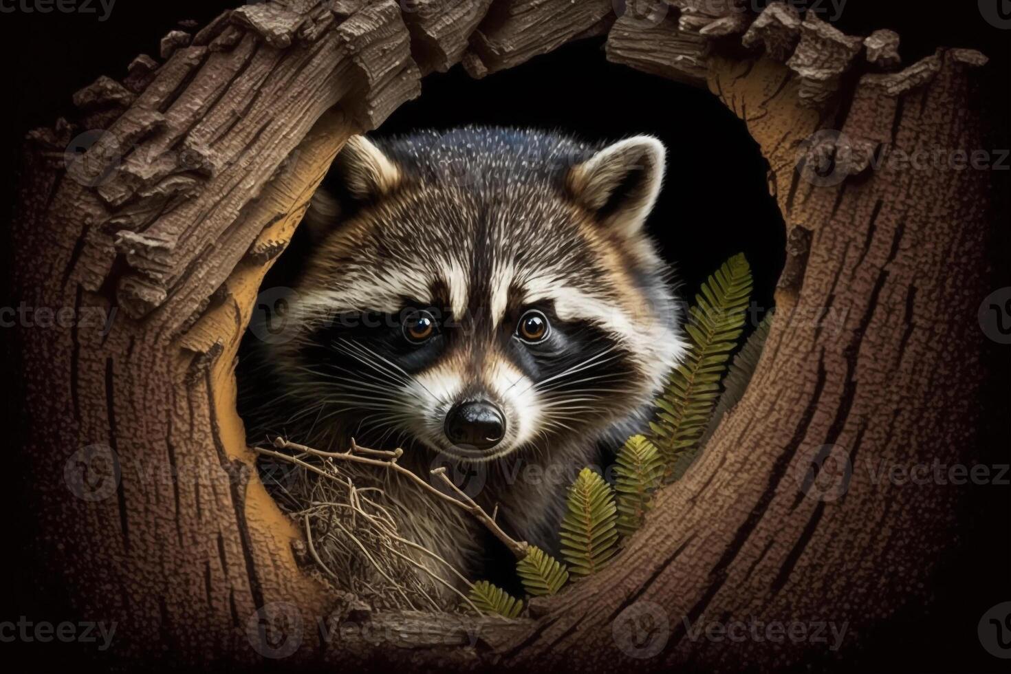 a curious raccoon peeking out of a tree hollow, with its masked face looking out. photo
