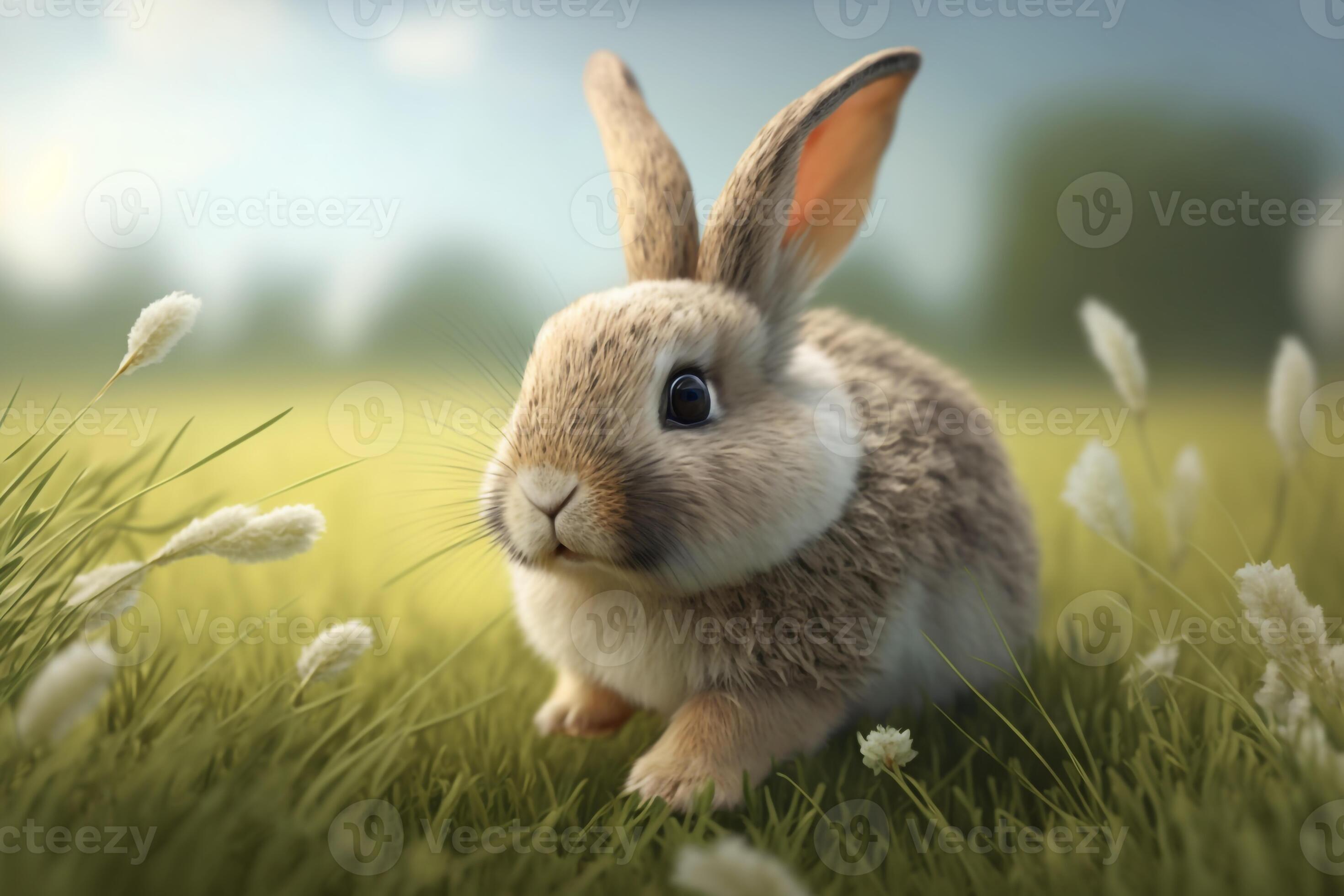 a fluffy bunny hopping through a meadow, with its ears perked up and ...