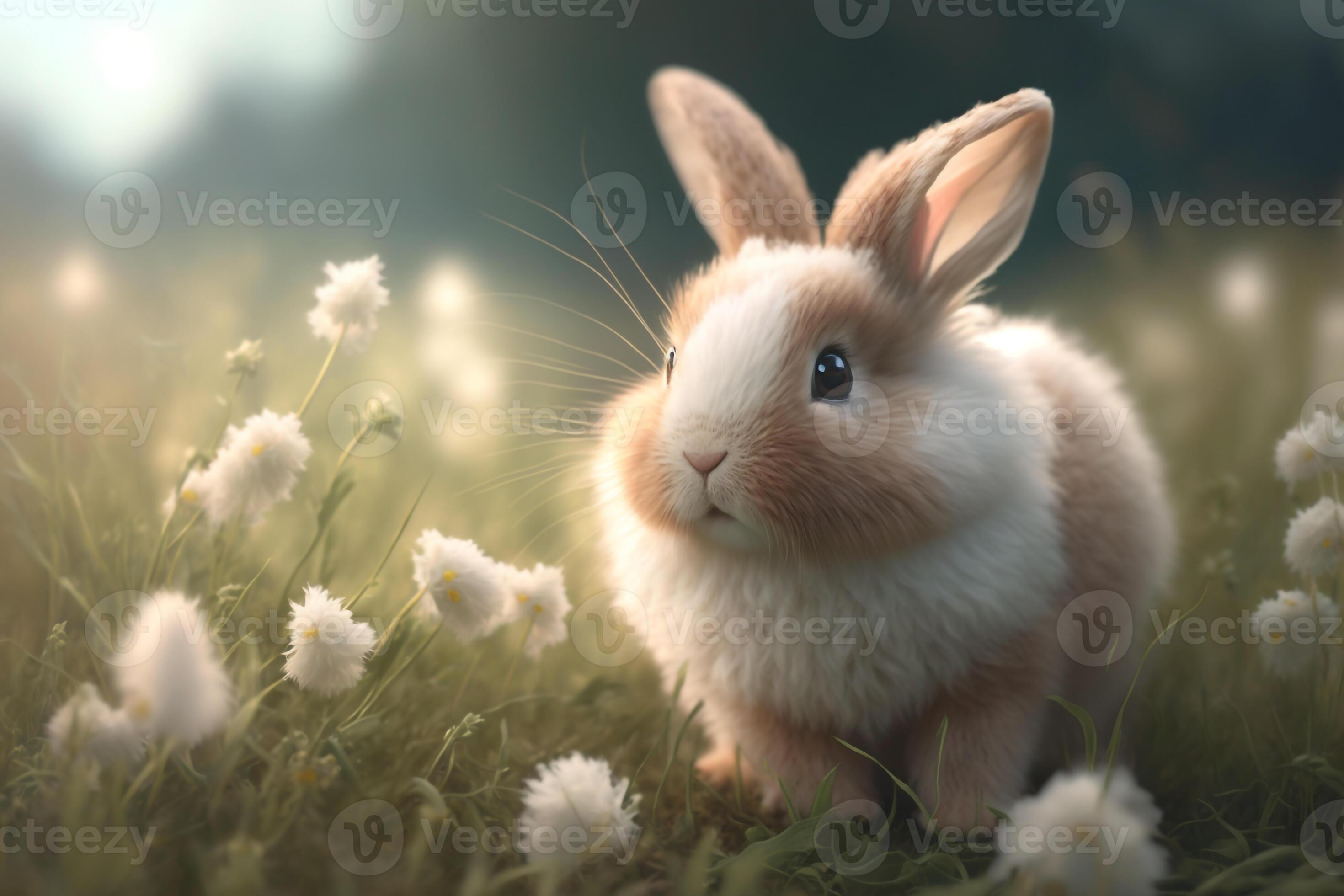 a fluffy bunny hopping through a meadow, with its ears perked up and