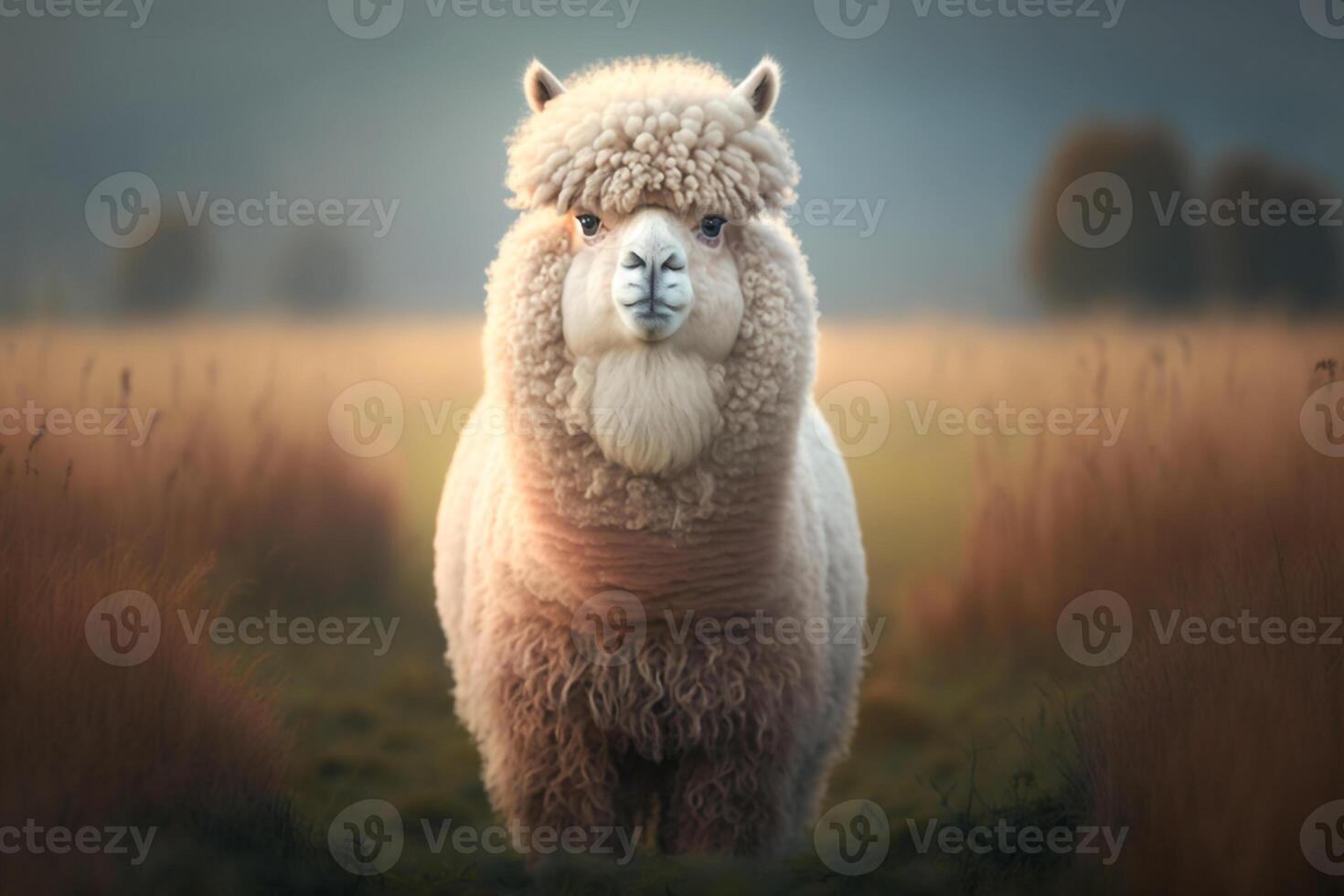 a fluffy alpaca standing in a field, with its big, expressive eyes looking directly at the viewer. photo