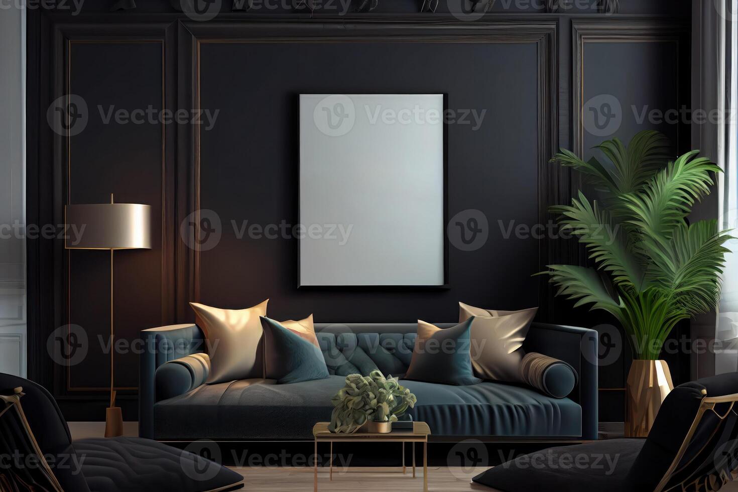 Mockup poster frame on the wall of living room. Luxurious apartment background with contemporary design. Modern interior design . photo