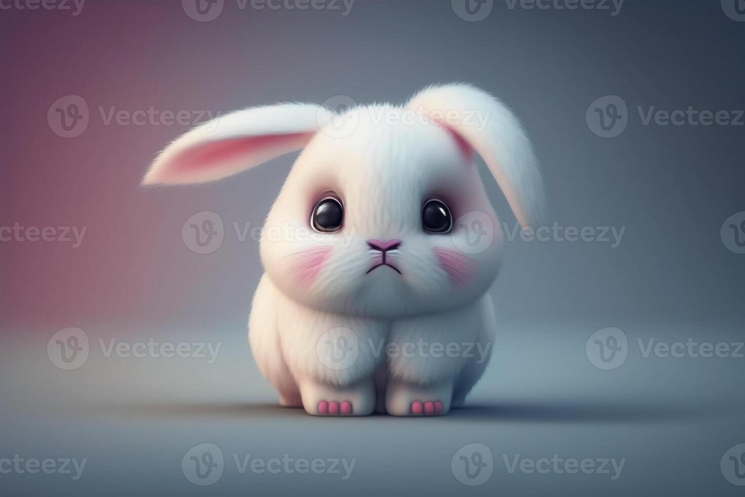 a cute 3D cartoon rabbit, with a fluffy white tail, pink nose, and long ears. photo