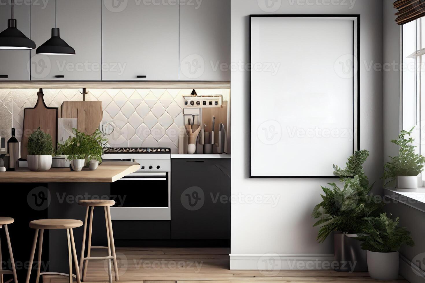 Mockup poster frame on the wall of living room with kitchen and dining room. Luxurious apartment background with contemporary design. Modern interior design . photo