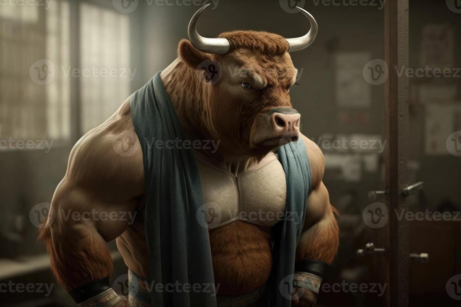 Bull wears workout cloth. Love health and fitness concept. photo